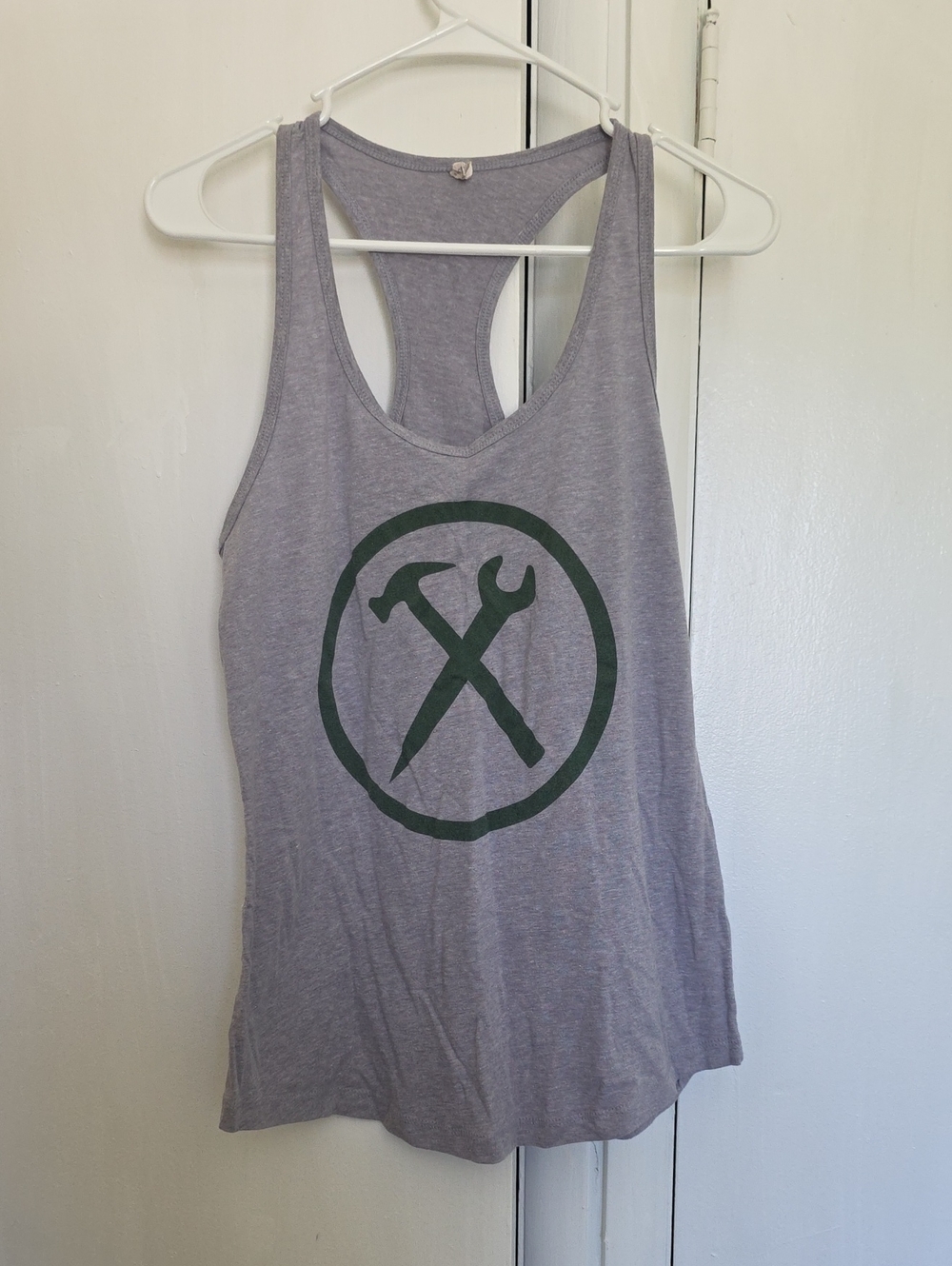 Heather Gray Racerback Tank Top with Green Tool Emblem